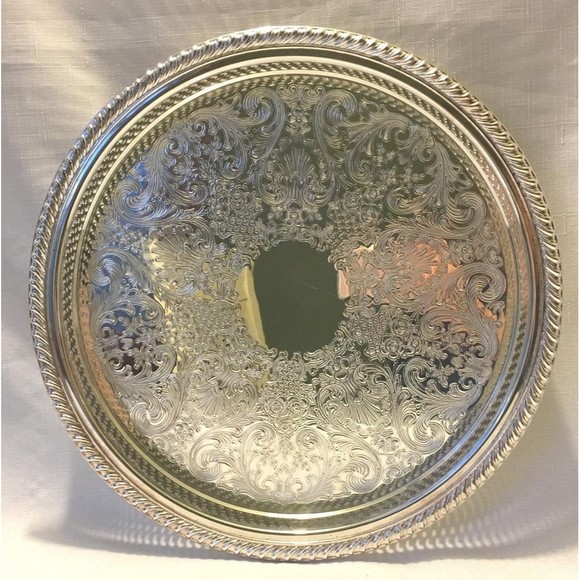 Vintage WM Rogers Silver Plate Serving 12 3/8" Round Tray Braided Rope Edge 671